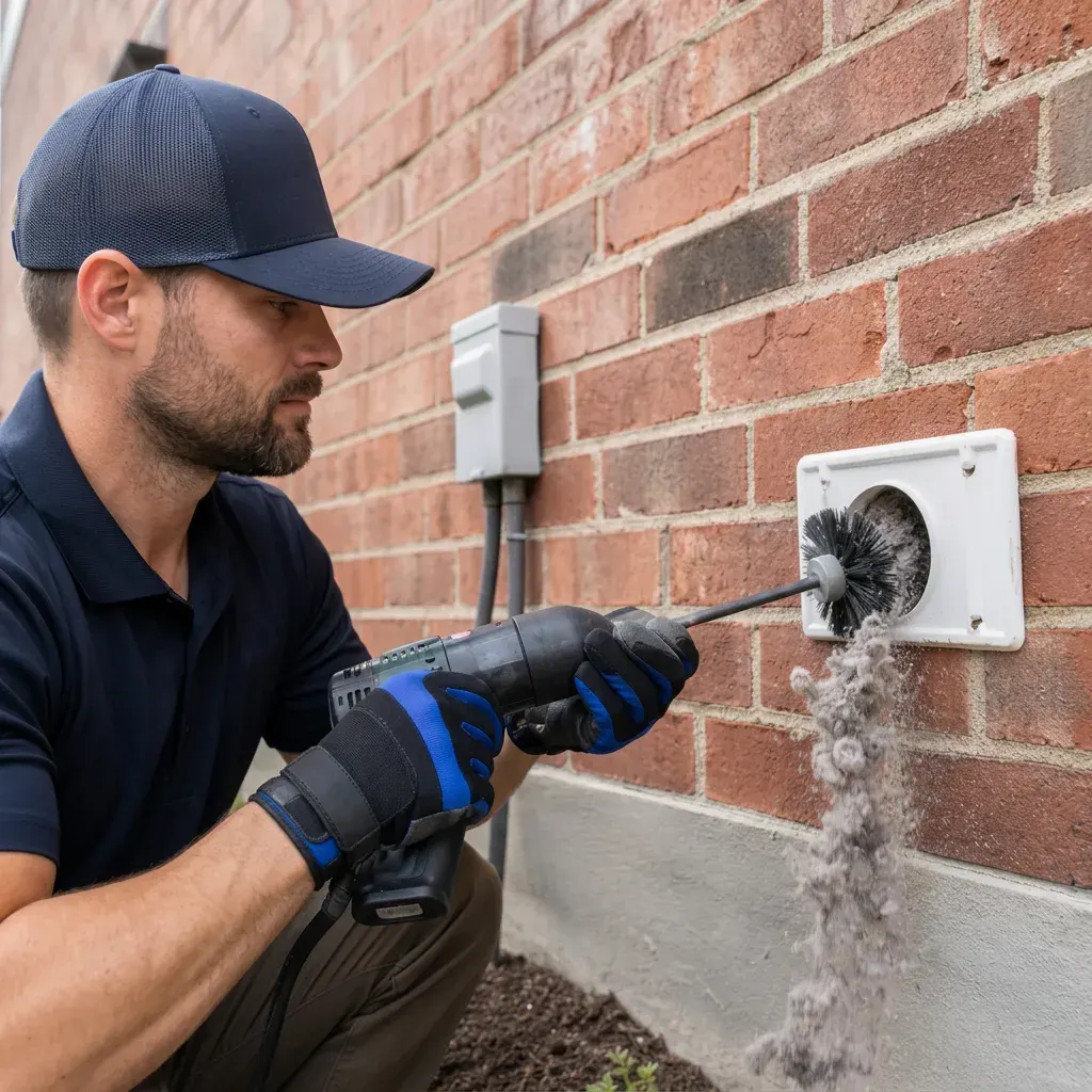 Technician cleaning a dryer vent on the outside of a home