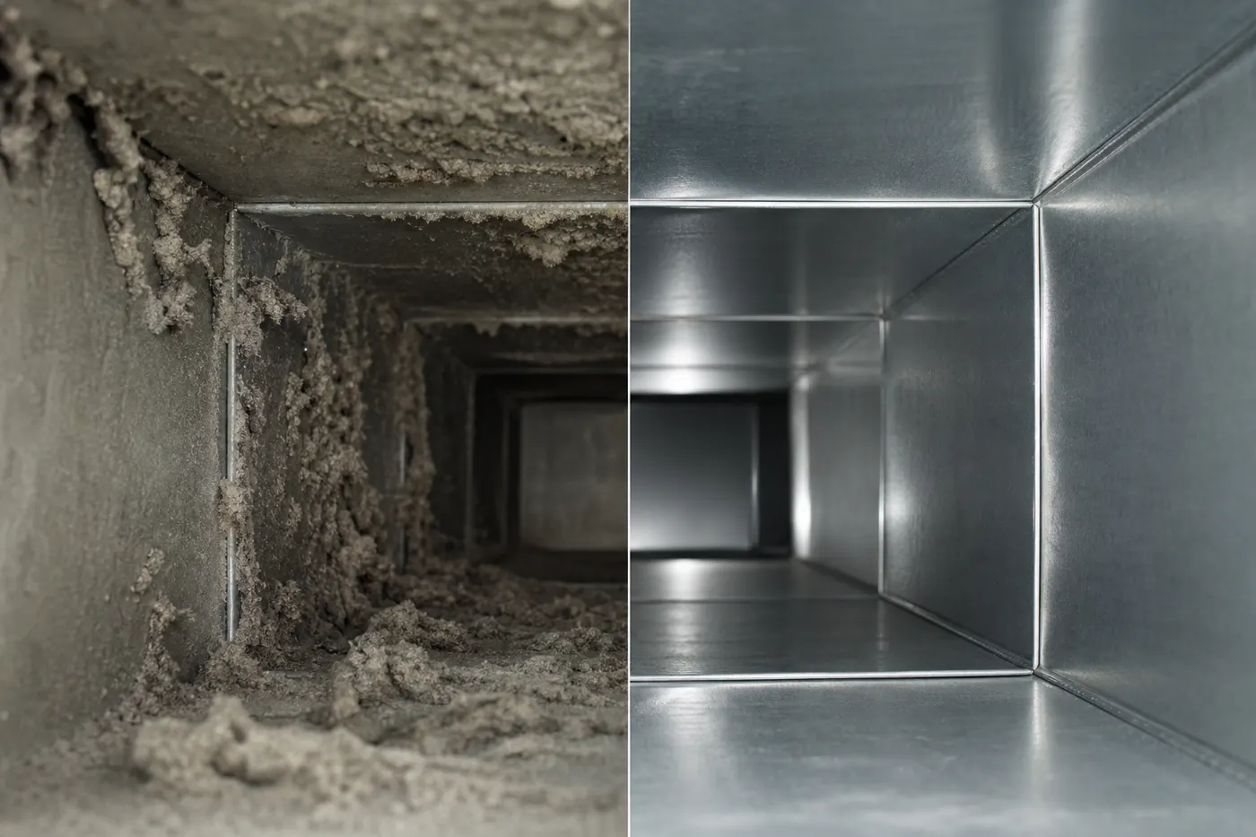 Inside of an air duct before and after professional cleaning